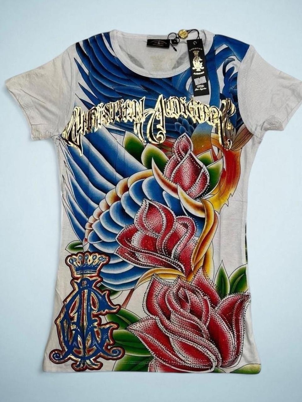 Christian Audigier Deadstock Rhinestone Flower with Insane Swan Back White Top